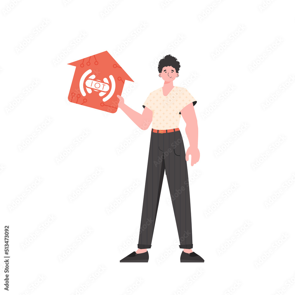 The man is depicted in full growth, holding the icon of the house in his hands. Internet of things concept. Vector illustration in flat style. The man is depicted in full growth, holding the icon of the house in his hands. Internet of things concept. Vector illustration in flat style.