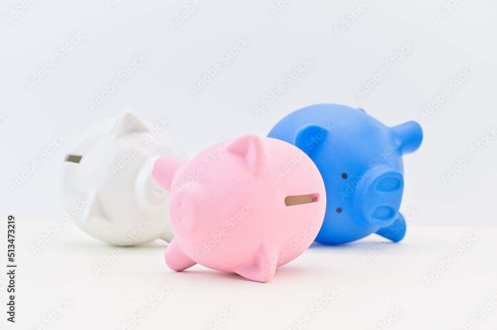 pink white and blue isolated piggy banks on a white desk with white wall background