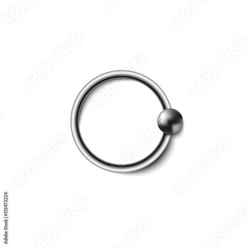 Piercing steel circle earring with decorative ball, realistic vector isolated.