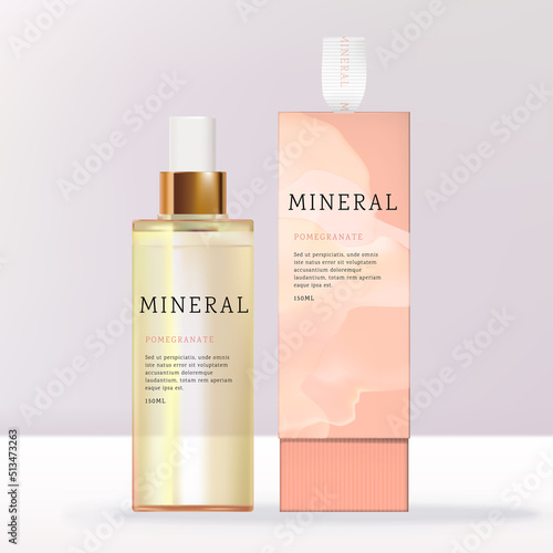 Vector Beauty Ribbon Hanger Gift Box Packaging with Cosmetic Hand Cream Tube, Fragrance or Moisturizer Spray or Mini Lip Balm Jar. Pink Abstract Print Pattern.	
