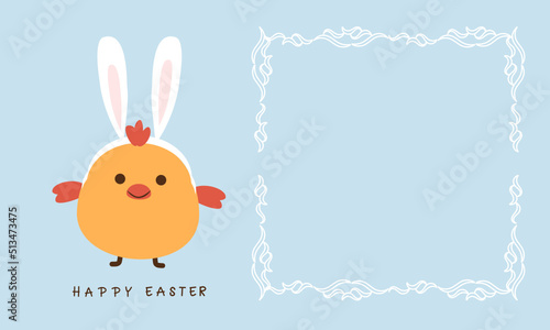 Chicken cartoon with rabbit ears headband and luxury frame on blue background vector illustration.