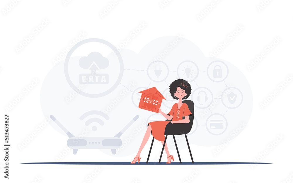 Internet of things concept. The girl sits in a chair and holds an icon of a house in her hands. Good for websites and presentations. Vector illustration in trendy flat style.