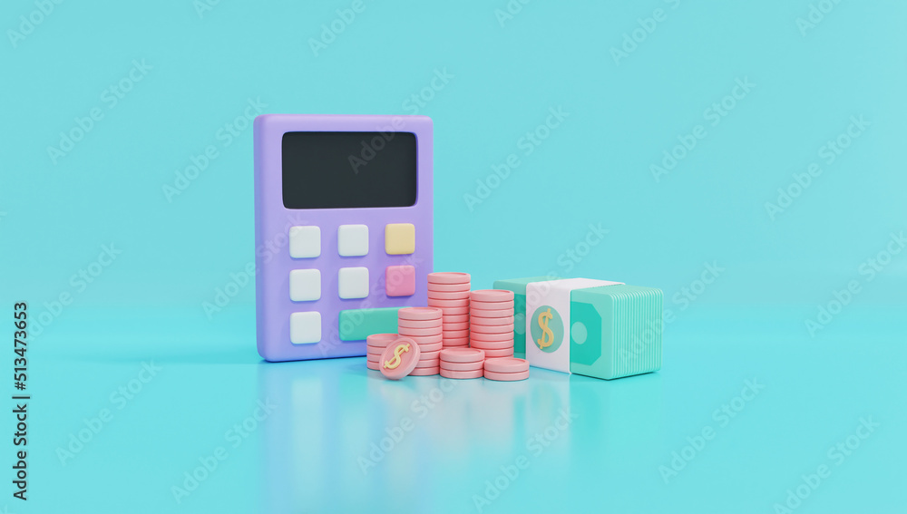 3D Rendering concept of investment. Calculator with coins and money on background for commercial design. 3D Rendering concept of investment. Calculator with coins and money on background for commercial design.