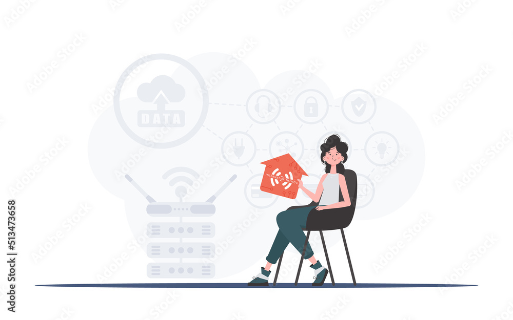 Internet of things concept. The girl sits in a chair and holds an icon of a house in her hands. Good for websites and presentations. Vector illustration in flat style. Internet of things concept. The girl sits in a chair and holds an icon of a house in her hands. Good for websites and presentations. Vector illustration in flat style.