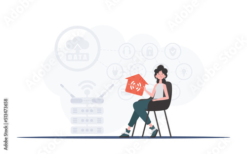 Internet of things concept. The girl sits in a chair and holds an icon of a house in her hands. Good for websites and presentations. Vector illustration in flat style.