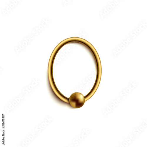 Golden ring piercing jewelry with ball, realistic, vector illustration