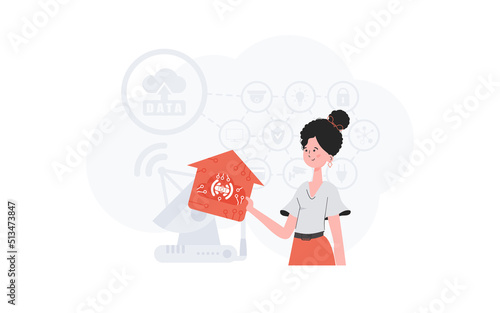 The woman is depicted waist-deep, holding an icon of a house in her hands. Internet of things and automation concept. Good for presentations and websites. Vector illustration in flat style.