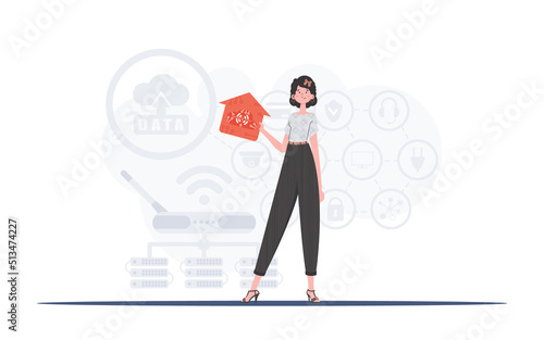 IoT concept. The woman is depicted in full growth, holding an icon of a house in her hands. Good for websites and presentations. Vector illustration in trendy flat style.