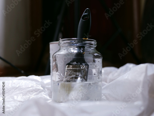 Paint brush in a jar of turpentine  photo