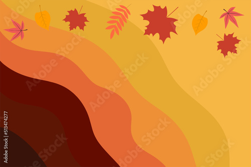 Trendy abstract decorative background in autumn colors and falling leaves. Vector illustration