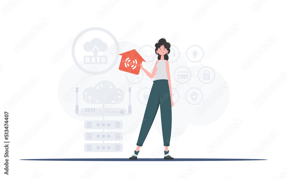 Internet of things concept. The woman is depicted in full growth, holding an icon of a house in her hands. Good for websites and presentations. Vector illustration in flat style. Internet of things concept. The woman is depicted in full growth, holding an icon of a house in her hands. Good for websites and presentations. Vector illustration in flat style.
