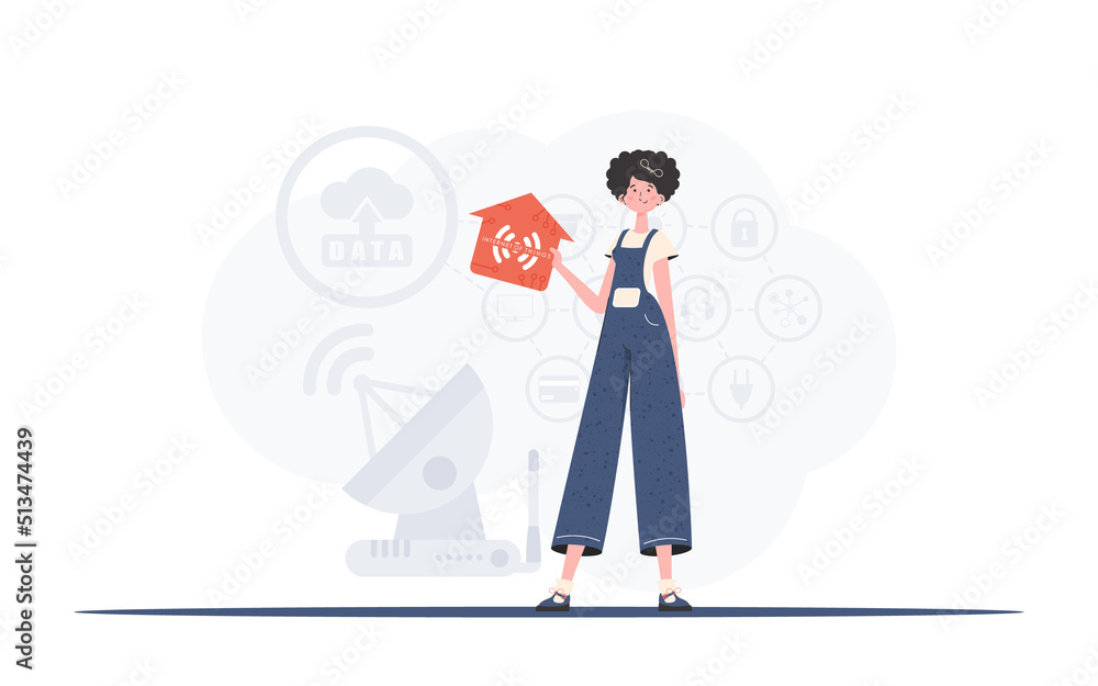 IoT concept. The woman is depicted in full growth, holding an icon of a house in her hands. Good for presentations. Vector illustration in trendy flat style. IoT concept. The woman is depicted in full growth, holding an icon of a house in her hands. Good for presentations. Vector illustration in trendy flat style.