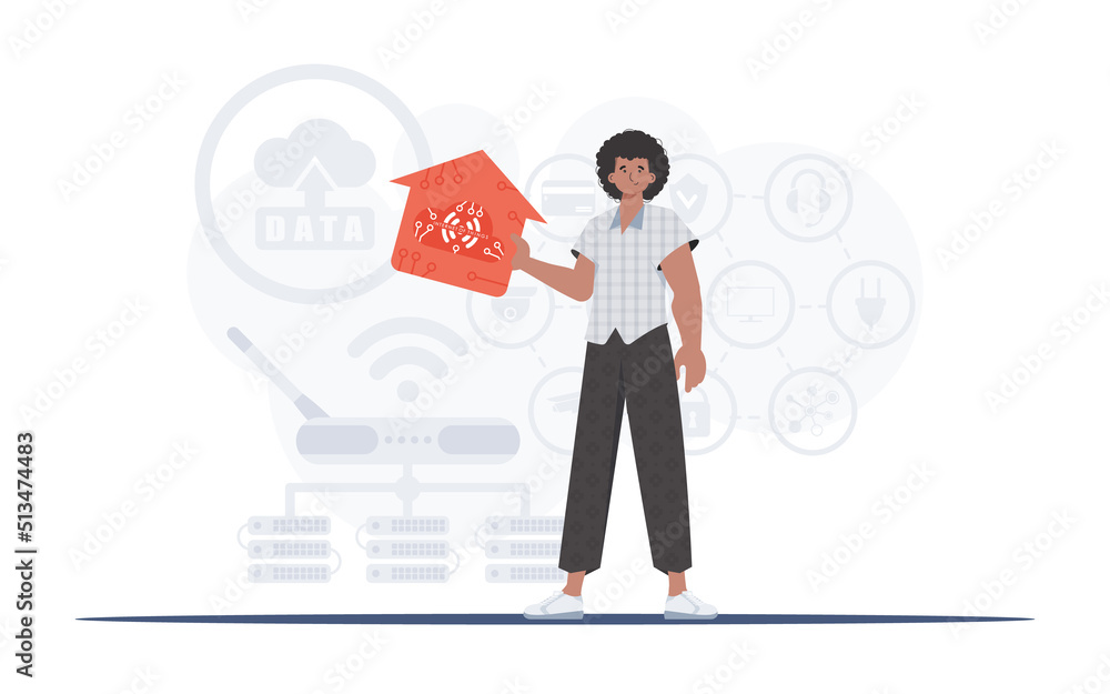 IoT concept. The man is depicted in full growth, holding the icon of the house in his hands. Good for presentations. Vector illustration in flat style. IoT concept. The man is depicted in full growth, holding the icon of the house in his hands. Good for presentations. Vector illustration in flat style.