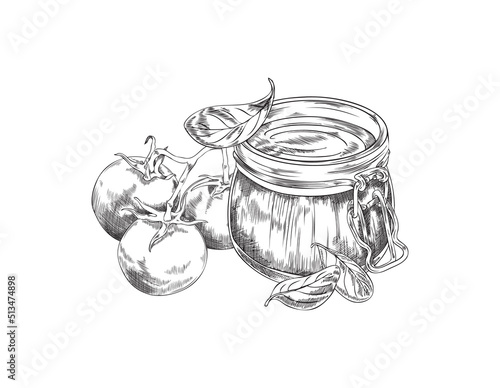 Tomato sauce or ketchup in glass mason jar, sketch vector illustration isolated on white background.