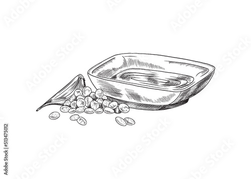 Hand drawn monochrome composition of sauce bowl, garlic and grains