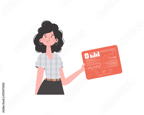 A woman holds a panel with analyzers and indicators in her hands. IoT concept. Isolated. Trendy flat style. Vector.