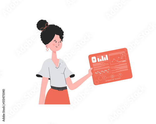 A woman holds a panel with analyzers and indicators in her hands. IoT concept. Isolated. Vector illustration.