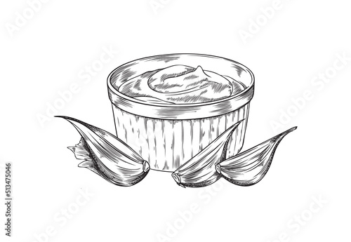 Garlic sauce hand drawn bowl with engraving, sketch vector illustration isolated on white background.