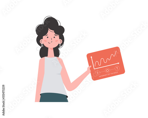A woman holds a panel with analyzers and indicators in her hands. Internet of things concept. Isolated. Vector illustration.