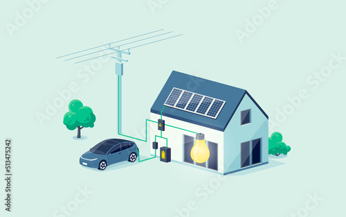 Home electricity scheme with battery energy storage system on modern house photovoltaic solar panels and rechargeable li-ion backup. Electric car charging on renewable smart power off-grid system.