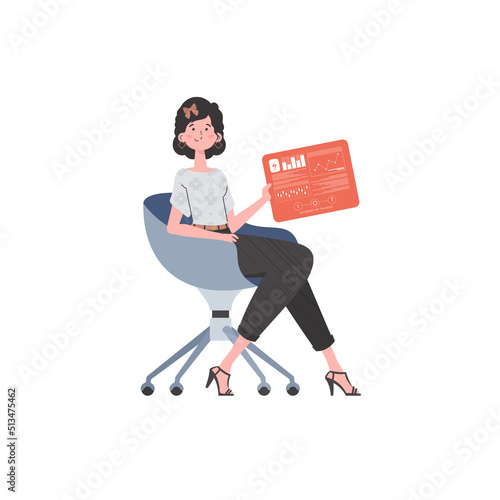 A woman sits in a chair and holds a panel with analyzers and indicators in her hands. IoT concept. Isolated. Trendy flat style. Vector.