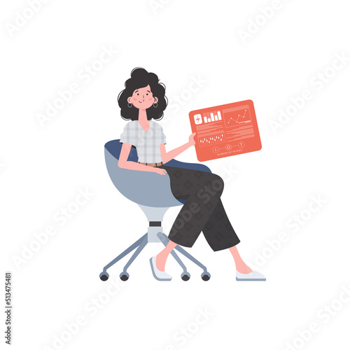A woman sits in a chair and holds a panel with analyzers and indicators in her hands. IoT concept. Isolated. Vector illustration.