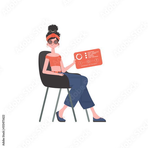 A woman sits in a chair and holds a panel with analyzers and indicators in her hands. IoT concept. Isolated. Vector illustration in trendy flat style.