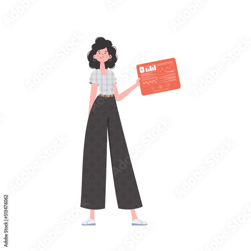 A woman holds a panel with analyzers and indicators in her hands. Internet of things and automation concept. Isolated. Vector illustration in trendy flat style.
