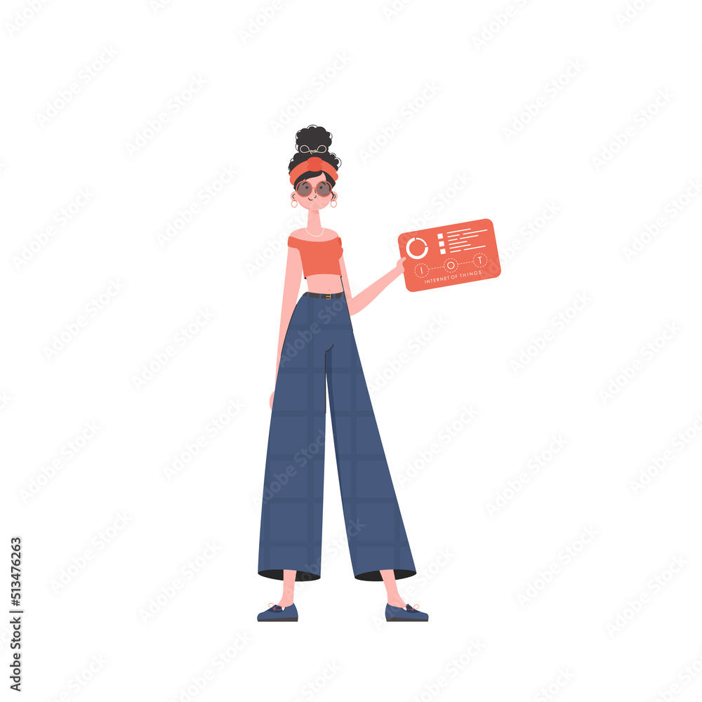 A woman holds a panel with analyzers and indicators in her hands. IOT and automation concept. Isolated. Vector illustration. A woman holds a panel with analyzers and indicators in her hands. IOT and automation concept. Isolated. Vector illustration.