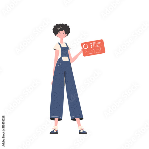A woman holds a panel with analyzers and indicators in her hands. IOT and automation concept. Isolated. Trendy flat style. Vector.