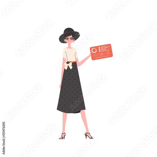 A woman holds a panel with analyzers and indicators in her hands. IoT concept. Isolated. Vector illustration in trendy flat style.