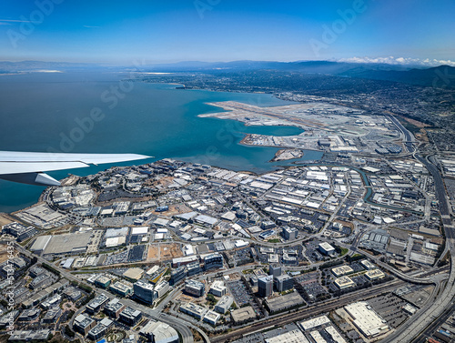 Aerial view of San Francisco Airport KSFO SFO and the Bay California USA