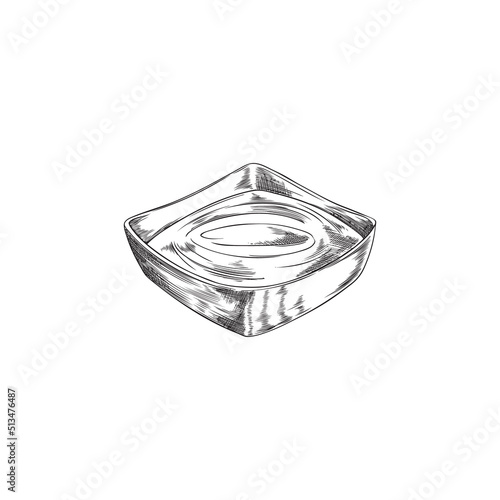 Hand drawn bowl of sauce or food dip with engraving, sketch vector illustration isolated on white background.