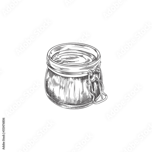 Closed mason jar with sauce or food dip, hand drawn sketch vector illustration isolated on white background.
