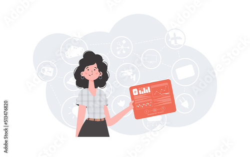 Internet of Things Concept. A woman holds a panel with analyzers and indicators in her hands. Good for websites and presentations. Trendy flat style. Vector.