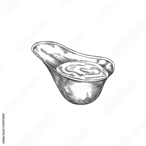 Gravy boat with food sauce, hand drawn engraving vector illustration isolated.