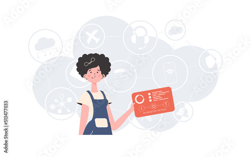 Internet of Things and Automation Concept. A woman holds a panel with analyzers and indicators in her hands. Good for websites and presentations. Vector illustration in trend flat style.
