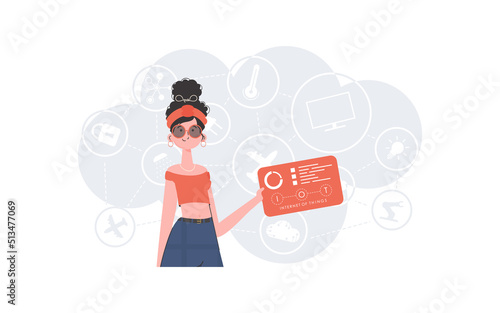 Internet of Things and Automation Concept. A woman holds a panel with analyzers and indicators in her hands. Good for websites and presentations. Vector illustration in flat style.