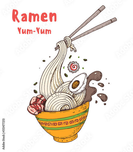 Bowl noodles and chopsticks. Ramen logo. Asian food. Chinese, Korean, Japanese cuisine. Logo template. Hand drawn vector illustration.