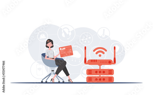 IoT concept. A woman sits in a chair and holds a panel with analyzers and indicators in her hands. Good for websites and presentations. Vector illustration in flat style.
