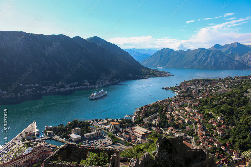 Kotor Montenegro ,  Cruise ship in the Kotor , background mountain and city Motor