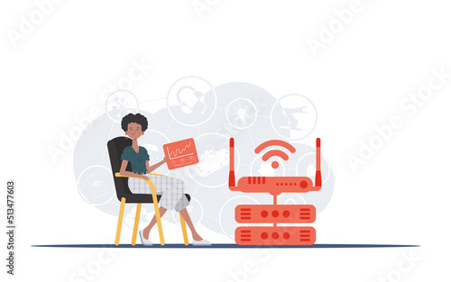 Internet of things and automation concept. A woman sits in a chair and holds a panel with analyzers and indicators in her hands. Good for websites and presentations. Vector illustration in flat style.