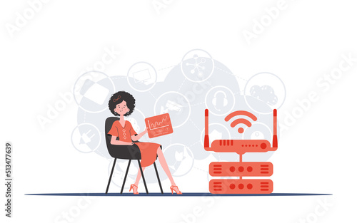 Internet of things concept. A woman sits in a chair and holds a panel with analyzers and indicators in her hands. Good for websites and presentations. Vector illustration in trendy flat style.