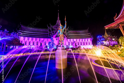 Ancient Siam,Samut Prakan,Thailand on April 3,2021:Beautiful illuminations at central zone of Ancient city during 