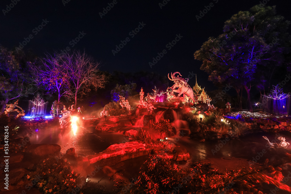 Samut Prakan,Thailand on April 3,2021:Beautiful illuminations at central zone of Ancient Siam during 