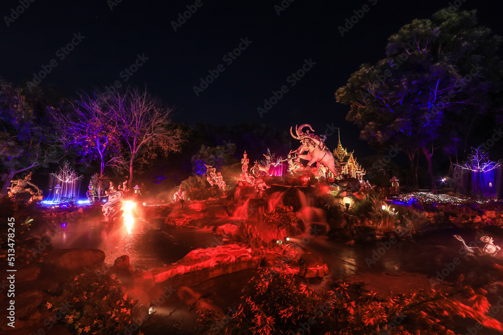 Fototapeta premium Samut Prakan,Thailand on April 3,2021:Beautiful illuminations at central zone of Ancient Siam during 