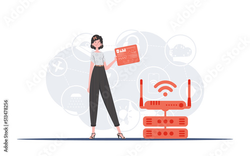 Internet of Things and Automation Concept. A woman holds a panel with analyzers and indicators in her hands. Good for websites and presentations. Vector illustration.