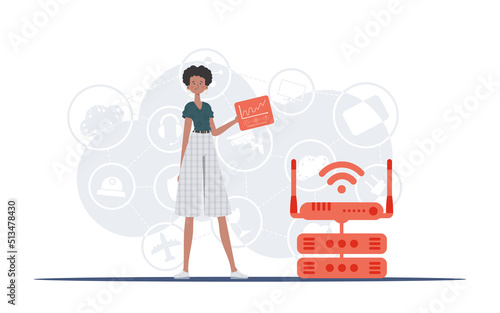 IOT and automation concept. A woman holds a panel with analyzers and indicators in her hands. Good for websites and presentations. Vector illustration.