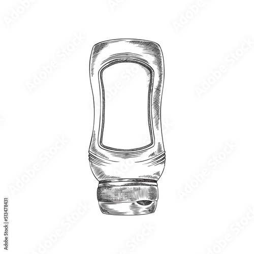 Hand drawn monochrome sauce bottle standing on cap sketch style
