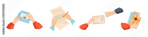 Handing postal letters. Hands writing future letter, handwritten paper message, hand holding postcard sending mail envelope, cartoon vector illustration